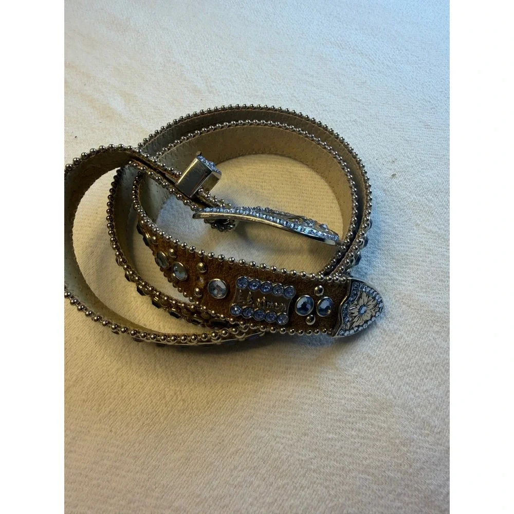 BB Simon Brown Suede Crystal Studded Western Belt Silver Buckle XXL‎ 1689 188